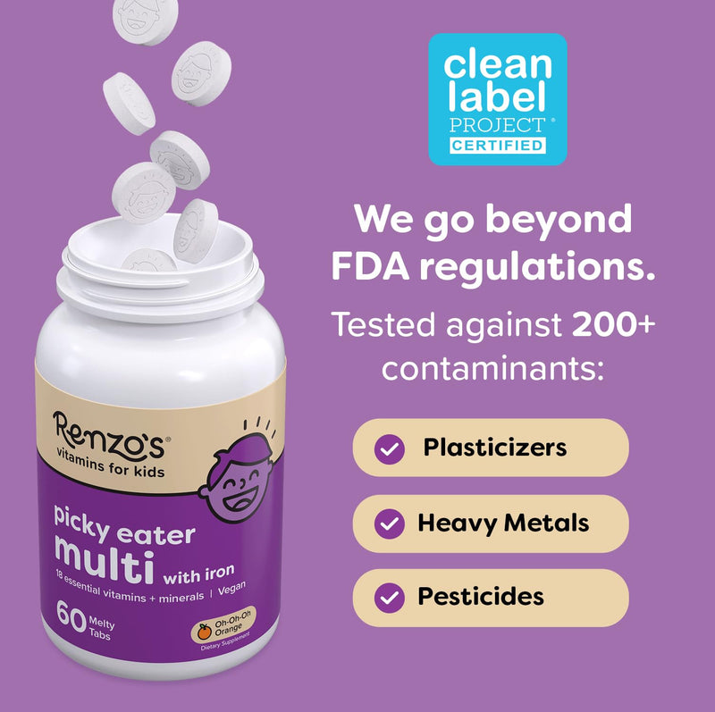 Renzo's Picky Eater Kids Multivitamin with Iron - Dissolvable Kids Vitamins with Iron, Zinc, Vitamin C, Vitamin D, E & K, Sugar-Free Melty Tabs, Cherry Flavor, 60-Count (1-2 Month Supply) | 18 Essential Vitamins & Minerals, Clean Label, Sugar-Free, Vit...
