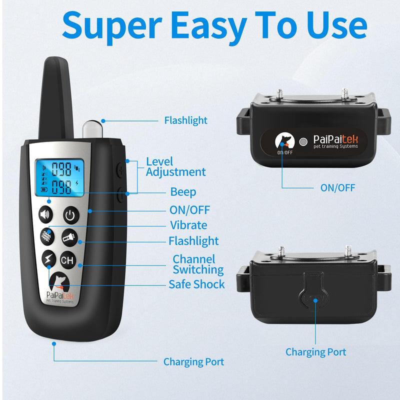 PaiPaitek 2 in 1 Dog Bark Collar and Training Collar - Smart Bark and Shock Collar Combo, Automatic Bark Collar for Large Dog with Remote 3300ft Range & Waterproof PD526-1-TIO-Black - BeesActive Australia