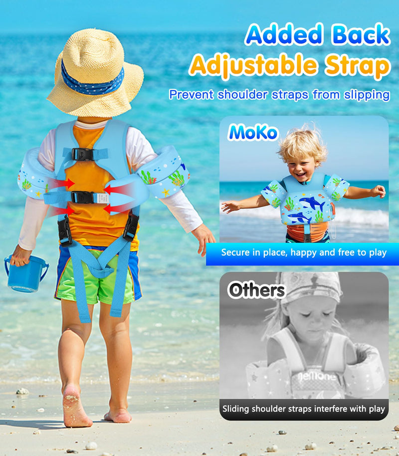 MoKo Toddler Swim Vest for 15-30-50-66 pounds, Boys Girls Swim Puddle Arm Floaties Cartoon Swimming Water Wings with Crotch Strap, Pool Floats Jacket Sleeves Shoulder Straps Arm Band for Toddler for kids 15-30 lbs Blue Twin Sharks - BeesActive Australia