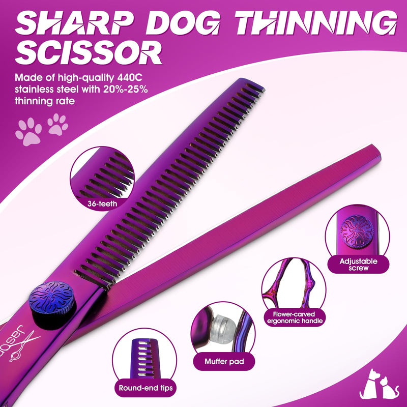 JASON Professional Dog Scissors Set - 6 in 1 Dog Scissors Set, Straight/Curved/Chunker Scissors and Comb for Dog Cat Pet with Adjustable Screw, Purple - BeesActive Australia
