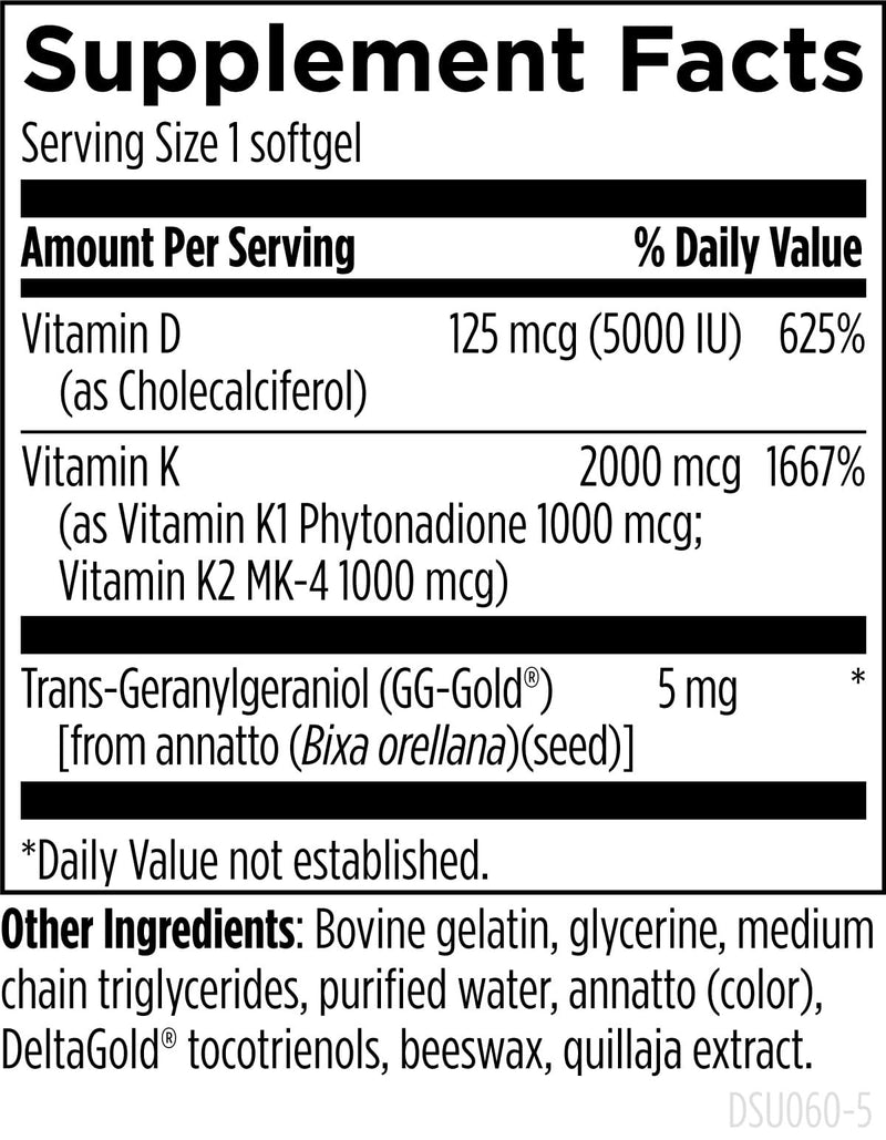 Designs for Health D-Evail Supreme - 5,000 IU Vitamin D3 Supplement with VIT K (K1, K2 as MK-4) + GG - Bone, Cardiovascular + Immune Support - Improved Bioavailability (60 Softgels) 60 Count (Pack of 1)