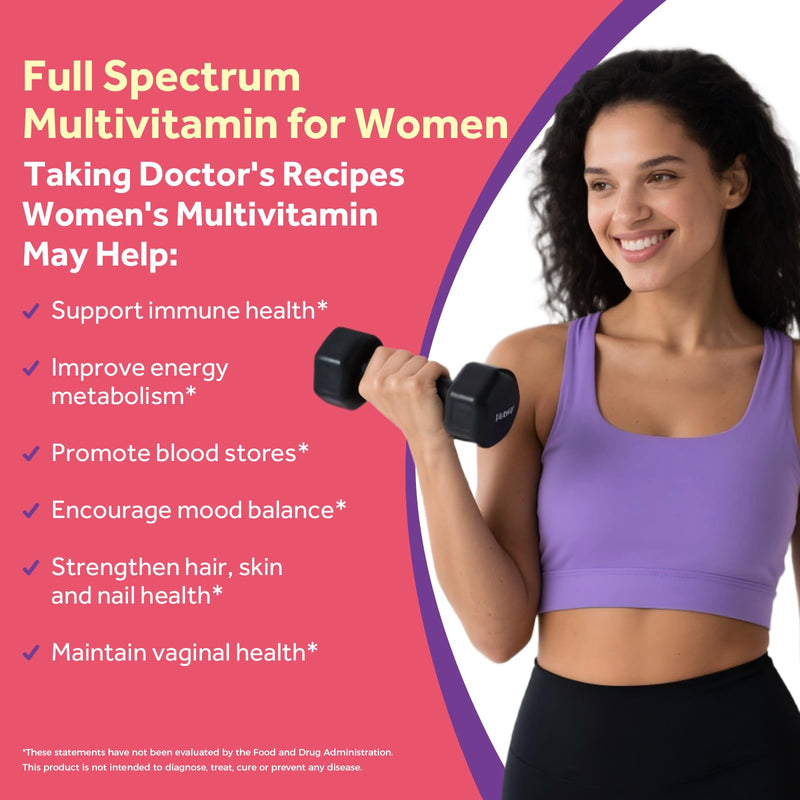 Doctor's Recipes Women’s Multivitamin, Complete Methylated Multivitamins, Vitamin A, C, D, E, B12, Iron, Inositol & Superfood, Hair Growth, Immune, Energy, Blood, Ages 18+, Easy to Swallow, 60 Tablets