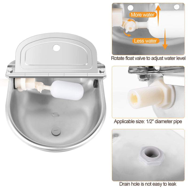 MYFAMIREA Automatic Animal Drinking Water Bowl Stainless Steel Waterer Feeder Farm Dog Dispenser Kit Self filling for Livestock Horse Goat Water Trough with Float Valve Drain Hole Hose Adapter Bolts - BeesActive Australia