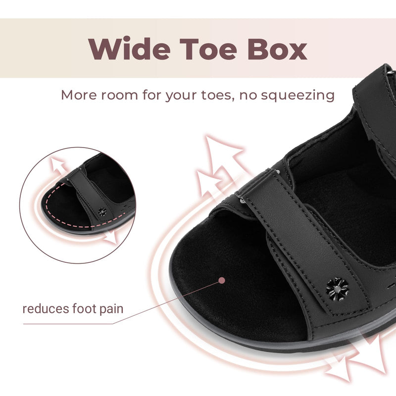 FitVille Diabetic Sandals for Women Wide Width, Open Toe Orthopedic Wide Sandals for Women with Adjustable Straps and Arch Support for Bunions, Plantar Fasciitis, Swollen Feet Black 8.5 Wide
