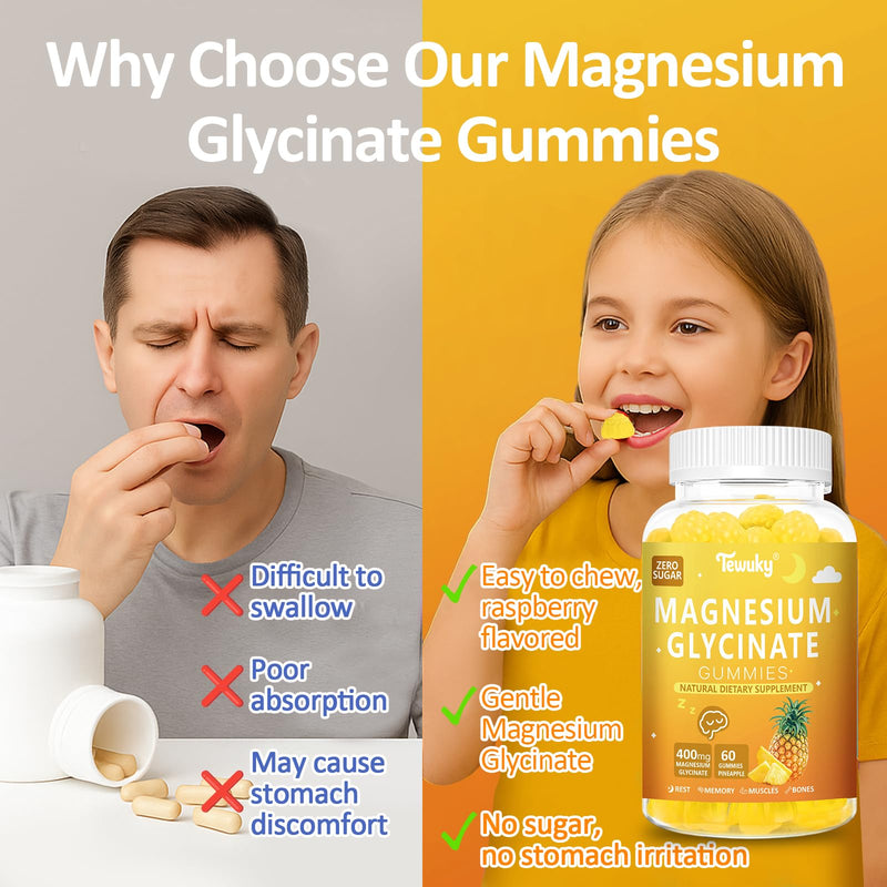 Magnesium Glycinate Gummies 400mg - Sugar Free Vegan Gummies for Adults & Kids with Vitamin D3, B6, C, CoQ10, Collagen, Zinc - Sleep, Muscle, Bone & Memory Support - 60 Pineapple Chewables 60 Count (Pack of 1)