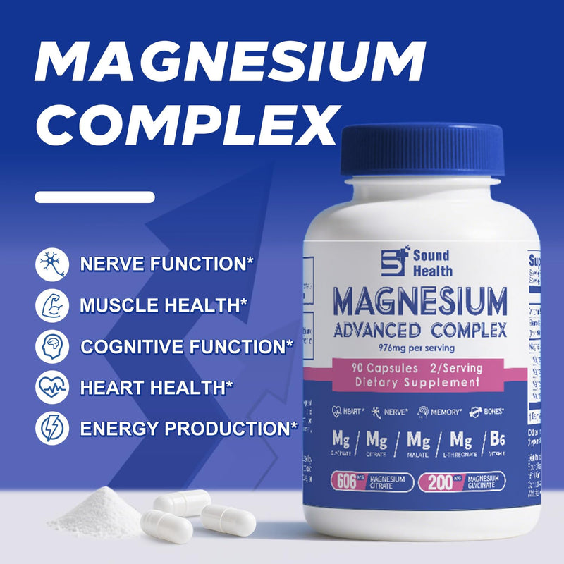 5 in 1 Magnesium Complex Capsule 976mg wtih Magnesium Glycinate, Citrate, Malate & Vitamin B6, High Absorption Magnesium Complex for Women & Men, Third-Party Tested, Vegan, Non-GMO 90 Count（Pcak of 1）