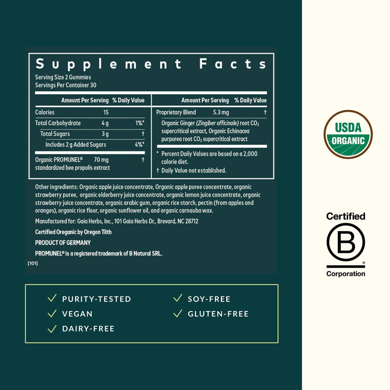 Gaia Herbs Organic Immune Rapid Defense Gummies - Supports Immunity - with Propolis, Ginger, and Echinacea - 60 Vegan Gummies (30-Day Supply) - BeesActive Australia