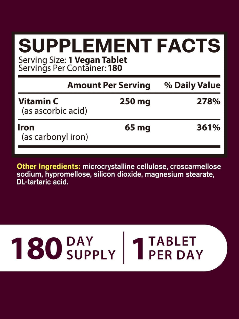 Iron Supplement for Women Men, High Potency Iron 65mg with Vitamin C 250mg | Stomach Friendly Iron Pills for Red Blood Cell & Immune Support, Vegan, Non-GMO & Gluten Free, 180 Tablets Unflavored 180 Count (Pack of 1)