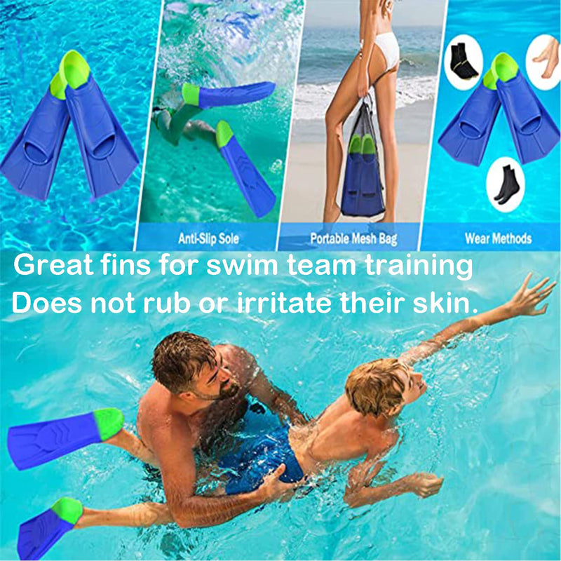 Kids Swim Fins,Short Comfortable Flippers for Lap Swimming and Training for Child,Girls,Boys,Beginners Blue&Acid Lime XS(US Kids 13.5-1.5)