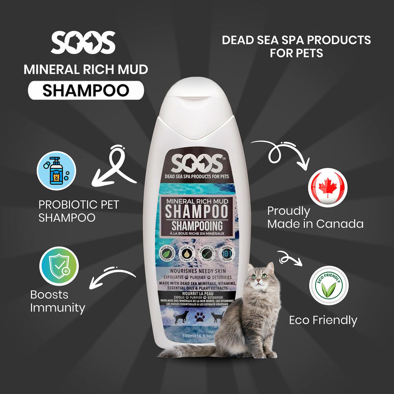 Soos Pet Dog Shampoo for Cats and Pets Mineral Rich Mud Natural Dead Sea Cruelty Free Fast Absorbing Skin Cooling First Aid Antib-acterial and Antif-ungal Odor Remover - 1x Pet Shampoo (500ml) - PawsPlanet Australia