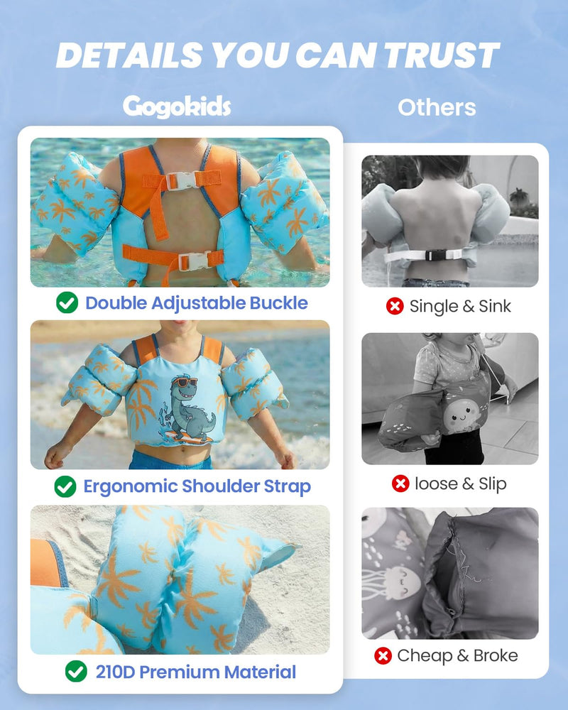 Gogokids 2-in-1 Toddler Swim Vest Pool Floaties for Kids[CPC Certified & Remove Crotch Strap]Puddle Float Jumper 24-66 Pounds, Toddler Arm Floaties Swim Jacket Water Wings for kids Boys Girls Swimmies G-Light Blue Dinosaur