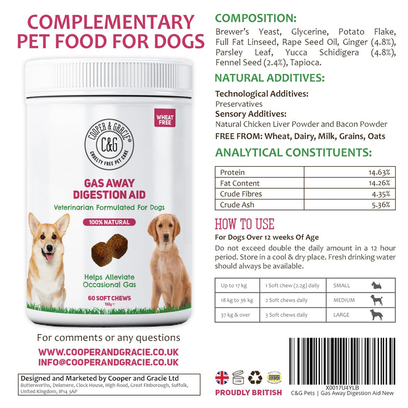 C&G Pets Gas Away Digestion Aid 60 Soft Chews, Gas & Flatulence Supplement Aid for Dogs, Relieve Gas and Bloating Discomfort, Reduces Stool and Urine Odors, Veterinarian Formulated