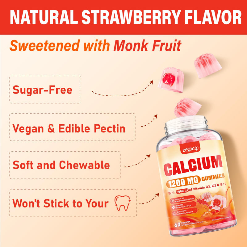 Calcium 1200 mg with Vitamin D3 Supplement for Adults - Calcium Gummies | Vitamin D3 5000IU, K2, B12 - Extra Absorption Calcium Citrate for Women Men - Natural Strawberry Flavor, 60 Gummies 60 Count (Pack of 1)