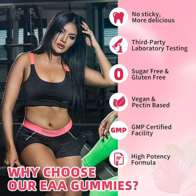 Pack of 2 EAA Gummies Essential Amino Acids - All 9 Essential Aminos (EAA) and All Branched-Chain Aminos (BCAAs) for Muscle Recovery, Energy Support, Strawberry Flavor, 120 Count 120 Count (Pack of 1)