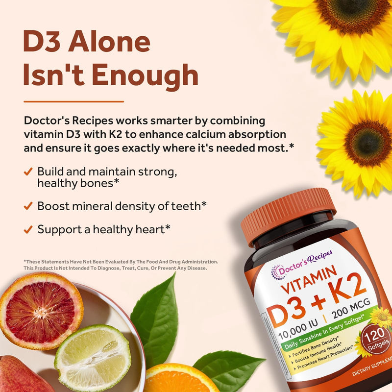 Doctor's Recipes Vitamin D3 K2, 10,000 IU, 200 mcg, MK-7, Strong Bone Density, Teeth, Immune, Heart Support, Energy, Calcium Absorption, No Soy & Gluten, Non-GMO, 120 Softgels