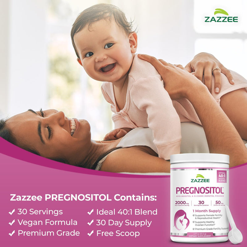 Zazzee PREGNOSITOL Powder, 30 Day Supply, Myo-Inositol & D-Chiro Inositol | 40:1 Fertility Blend, Free Scoop for Exact Dosage, Premium Balanced Formula, 180 Servings, Vegan, All-Natural and Non-GMO 2.17 Ounce (Pack of 1)