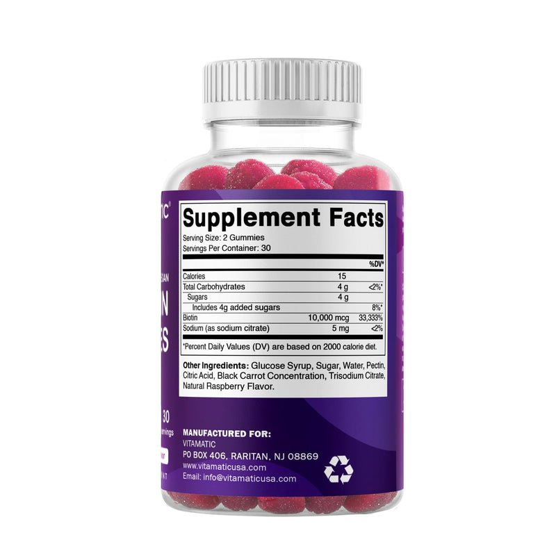Vitamatic Biotin 10,000 mcg, 60 Vegan Gummies, Raspberry Flavor-2 Pack | 10000 mcg Per Serving, Natural Raspberry Flavor, Pectin Based, Non-GMO, Gluten Free, GMP Certified 2 Bottles