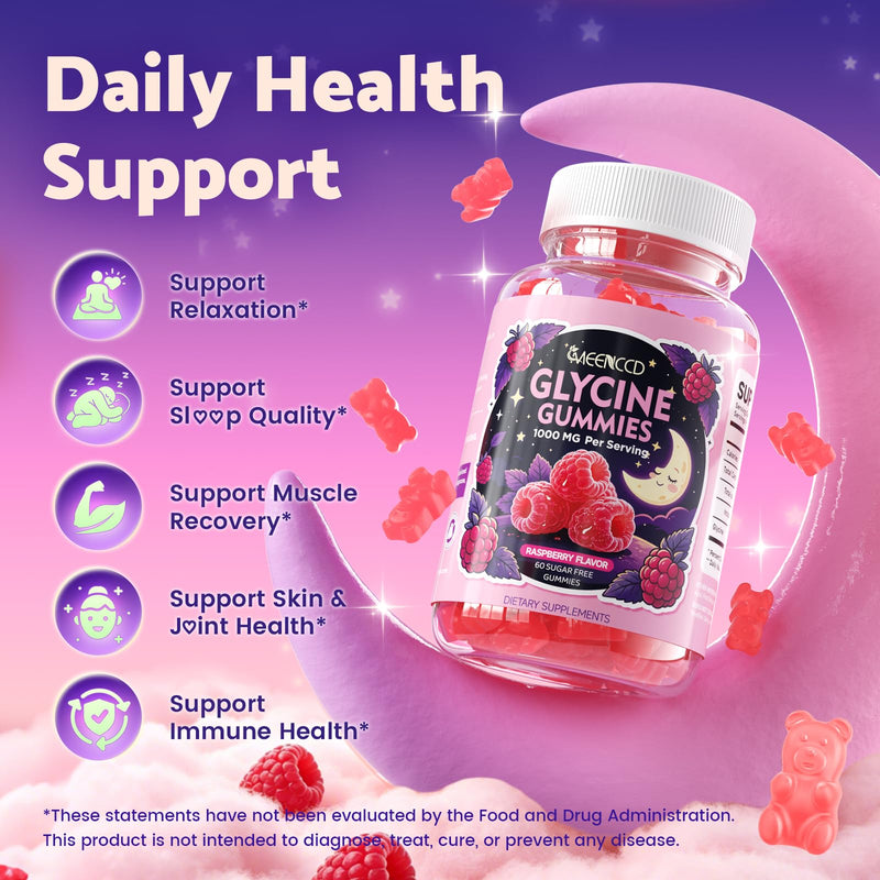 2 Pack Glycine Gummies, Glycine Supplement for Relaxation and Nerve Support | Sugar-Free, Vegan, Non-GMO, Raspberry Flavor, 120 Count 60 Count (Pack of 2)