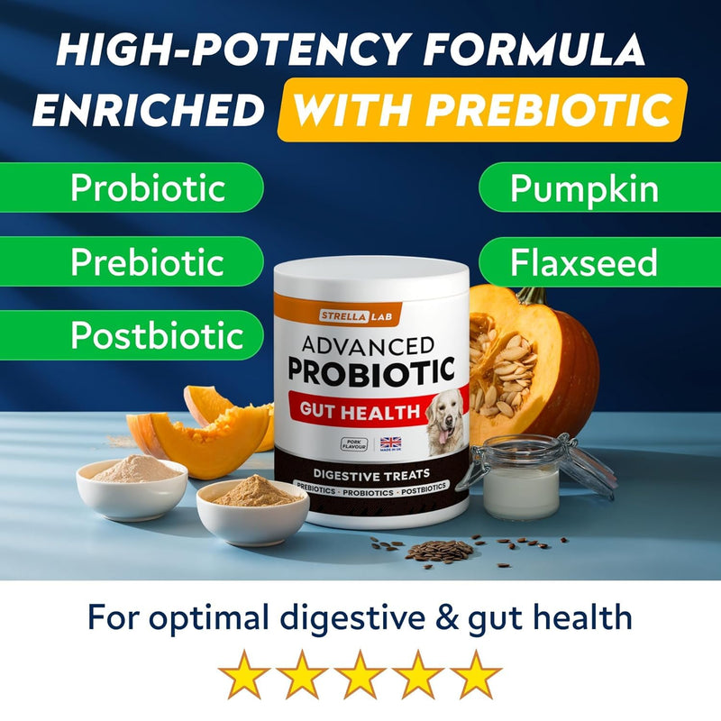 STRELLALAB Dog Probiotics for Gut Health & Digestive Enzymes Fiber Supplement - Anti Diarrhea, Constipation, Upset Stomach, Gas Relief - Digestion Treats Chews - 60 Chews Poulty