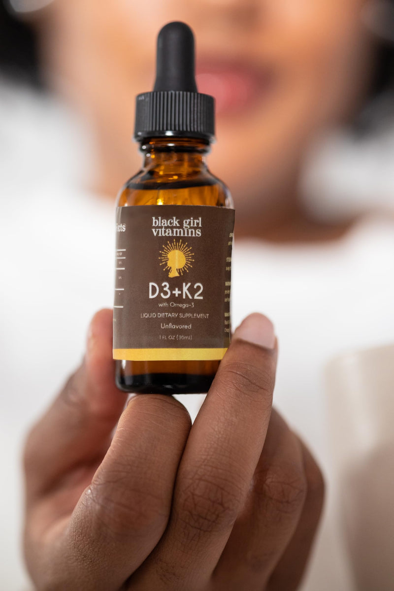 Black Girl Vitamins Vitamin D3 K2 Drops (125mcg Each) with Omega 3 – Liquid D3 K2 (MK7) Daily Supplement, Concentrated Unflavored Drops, Vegan (30-Day Supply)