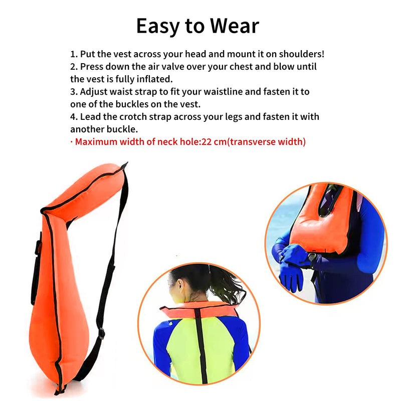 Swim Vest for Adults,Inflatable Buoyancy Vests-Portable Snorkel Vest for Diving Surfing Swimming Outdoor Water Sports 40-100kg Orange