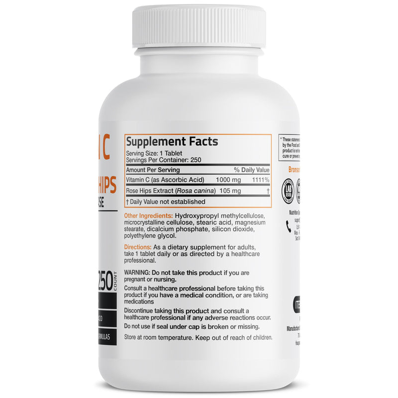 Bronson Vitamin C 1000 mg with Rose Hips Sustained Release, 250 Tablets