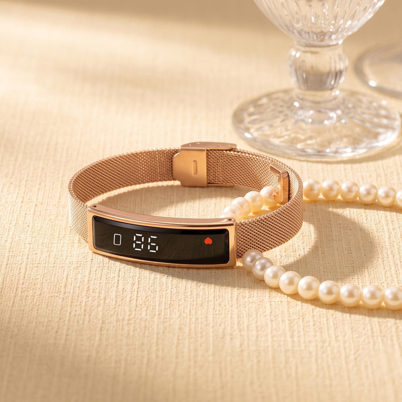 Smart Bracelet for Men Women with 2 Bands 24/7 Fitness Health Tracker Gold Steel + Black Silicone