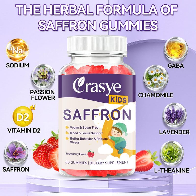 Saffron Gummies for Kids Support Calm Mood & Focus | 100% Pure Organic Saffron Extract Sugar Free Saffron Supplements Gummy for Children, Strawberry Flavor, 60 Gummies