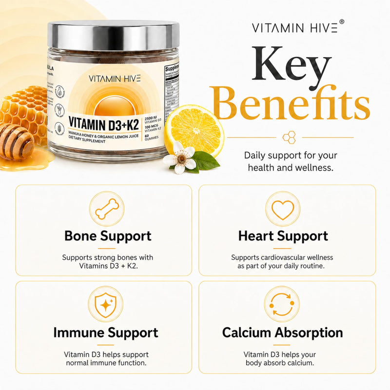 D3 K2 Gummies for Adults, Pharmacist-Formulated 2,500 IU Vitamin D3+ 100mcg K2 MK-7, Manuka Honey&Organic Lemon, Vegetarian Pectin, No Sugar Alcohols - Bone & Immune Support,60 Day Supply