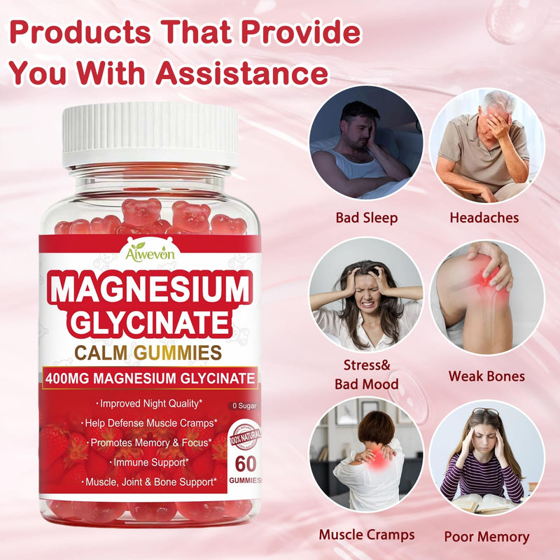 Magnesium Glycinate Gummies 400mg Sugar Free: Calm Magnesium Supplement for Women & Men, Sleep Support, Muscle & Bone Health Complex with Vitamin D3 B6 Calcium, Chewable Strawberry Gummy for Adults