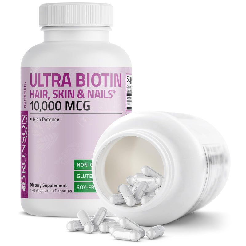 Bronson Ultra Biotin 10,000 mcg Hair, Skin & Nails, 120 Vegetarian Capsules | Once-Daily, Energy Metabolism Support, Non-GMO, Gluten-Free & Soy-Free 120 Count (Pack of 1)