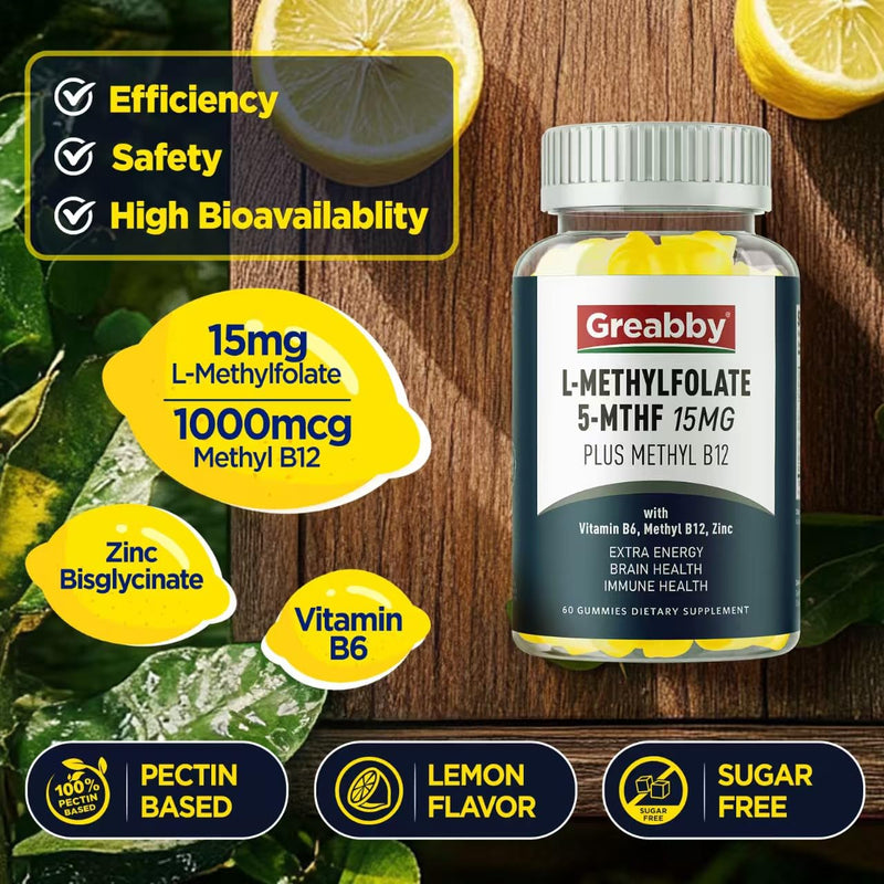 L Methylfolate Gummies, 5MTHF 15 mg with Methyl B12 1000mcg, Methyl Folate Gummies Supplement, Active Form, MTHFR-Friendly, Brain Health & Immune Support, Sugar Free, 60 Gummies