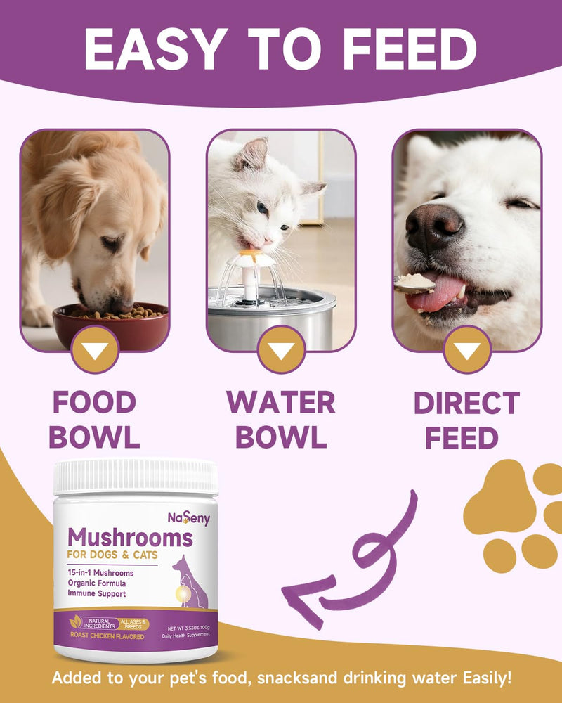 Mushroom for Dogs & Cats - Turkey Tail for Dogs - 10 Organic Mushroom Supplement with Turkey Tail, Reishi, Lions Mane - Lumps & Bumps, Immunity, Gut, Skin, Joint Health - Chicken Flavor