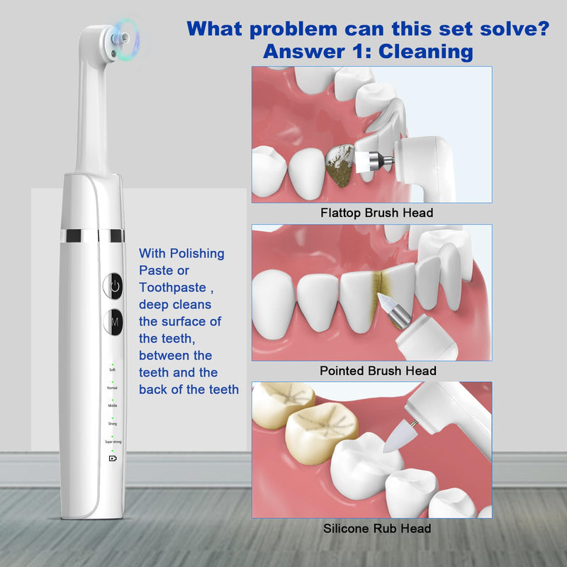 Tooth Polisher,Teeth Polishing Kit for Daily Cleaning,Polishing Then Whitening of Tooth (Professional toothpaste include),USB Rechargeable Dental Polisher with LED Light,6 Heads,5 Speed Modes White - BeesActive Australia