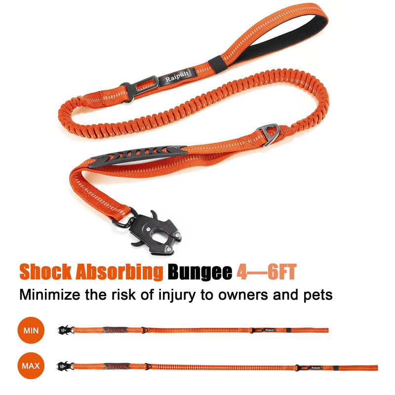 Raipult Heavy Duty Frog Clip Dog Leash, 4-6FT Strong Bungee Training Leash with 2 Handles, Highly Reflective Shock Absorbing Elastic Leashes with Car Seatbelt for Medium Large Dogs,Orange Neon Orange Aviation aluminum
