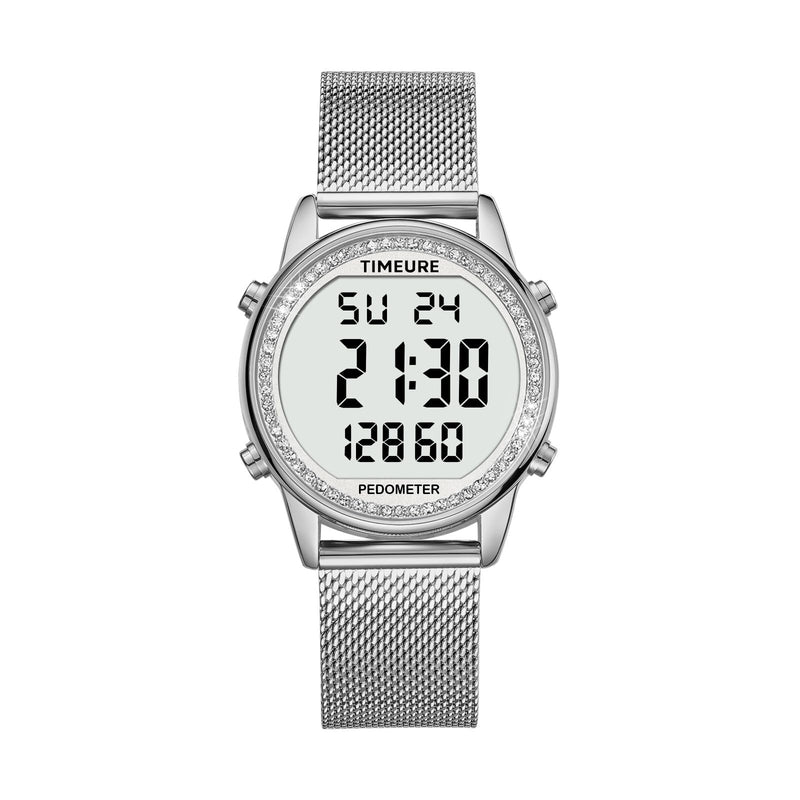Women's Step Counter Pedometer Watch with Stainless Steel Bracelet, Stylish Design, No App, No Charging Needed for Step, Calorie, Distance, Alarm, Countdown Timer，TU-2401 CRYSTAL Silver - BeesActive Australia