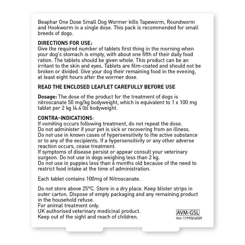 Beaphar One Dose Wormer for Small Dogs 3 Tablets (Pack of 3)