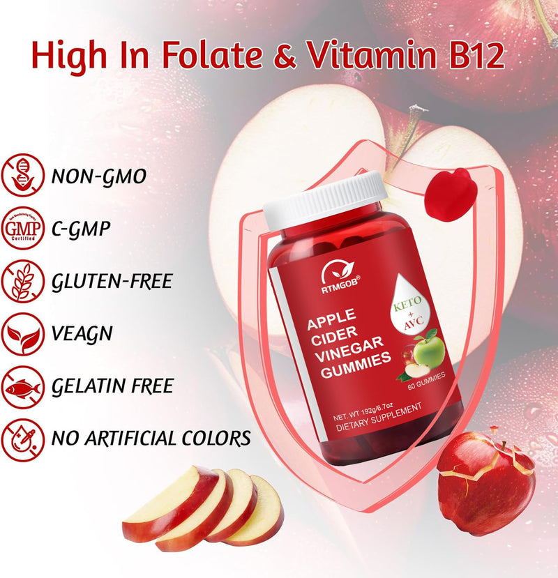 Apple Cider Vinegar Gummy, Vitamin B12, 1000 mg, Apple Flavor, Vegan, Non-GMO, Gluten Free Supplement-60 Gummies