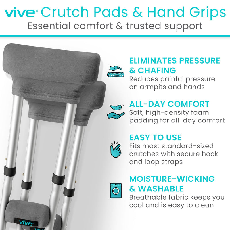 Vive Crutch Pads & Hand Grips - Padding for Walking Arm Crutches - Universal Underarm Padded Forearm Handle Pillow Covers for Hand Grips - Soft Foam Armpit Accessories for Adults, Kids (Gray) Gray