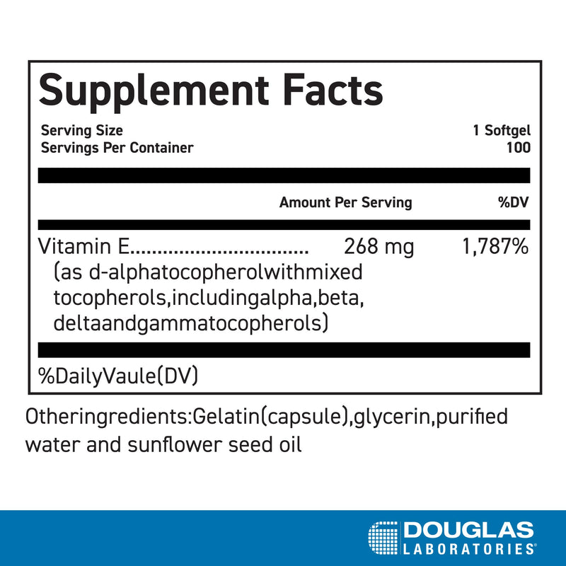 Douglas Laboratories Natural Vitamin E Complex - 100 Softgels | Natural Mixed Tocopherols Vitamin E for Antioxidant Protection, Cardiovascular and Immune Support* Standard Packaging