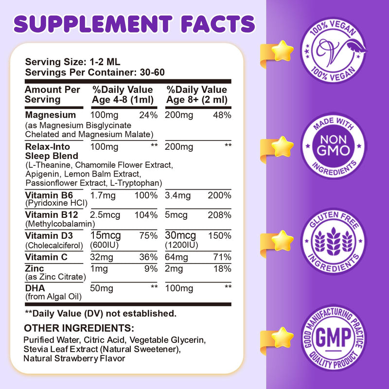 Magnesium Glycinate Liquid for Kids - Magnesium Bisglycinate Drops with L-Theanine, Chamomile & Vitamin B6, B12, C, D3 for Sleep, Relaxation, Immune Support, Calm & Focus - 2 Fl Oz, Strawberry Flavor 2 Fl Oz (Pack of 1)