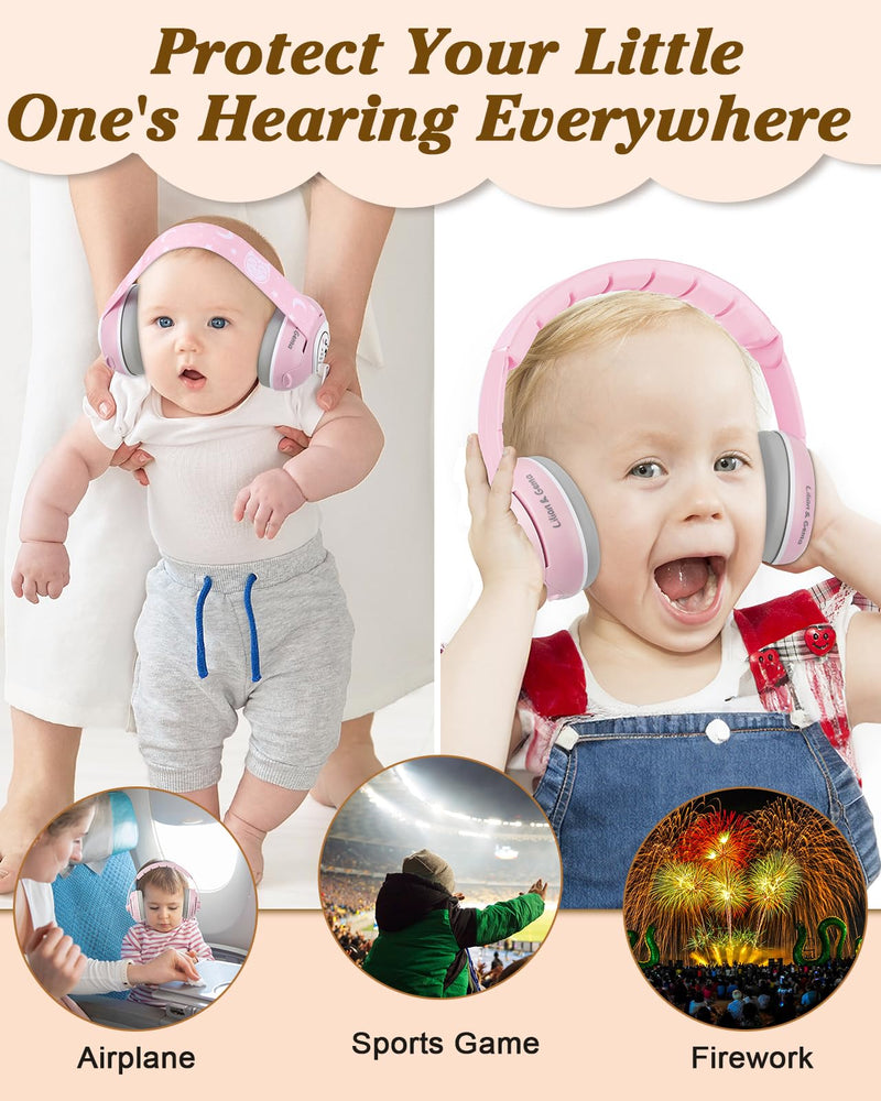 Lilian&Gema 2-in-1 Baby Ear Muffs Noise Protection, Adjustable Headphones with Band, Owls Noise Cancelling Headphones for Babies & Toddler up to 4 Years, Baby Airplane Essentials/Outdoor, Pink