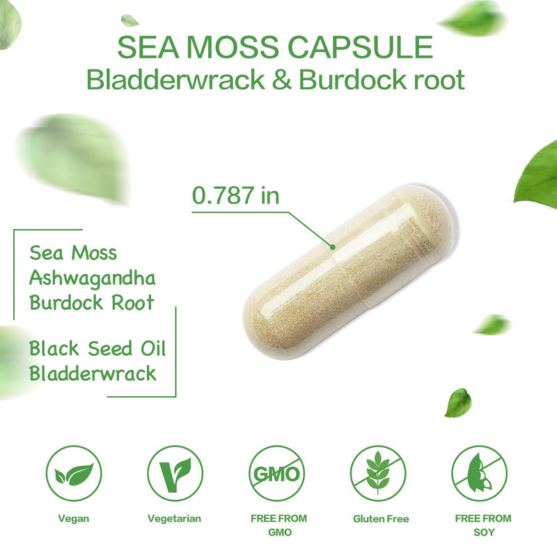 Sea Moss Capsules with Bladderwrack,Burdock Root and Black Pepper Extract | Irish SeaMoss Pills 2000mg-Promotes Immune System,Thyroid Support(120 Capsules)