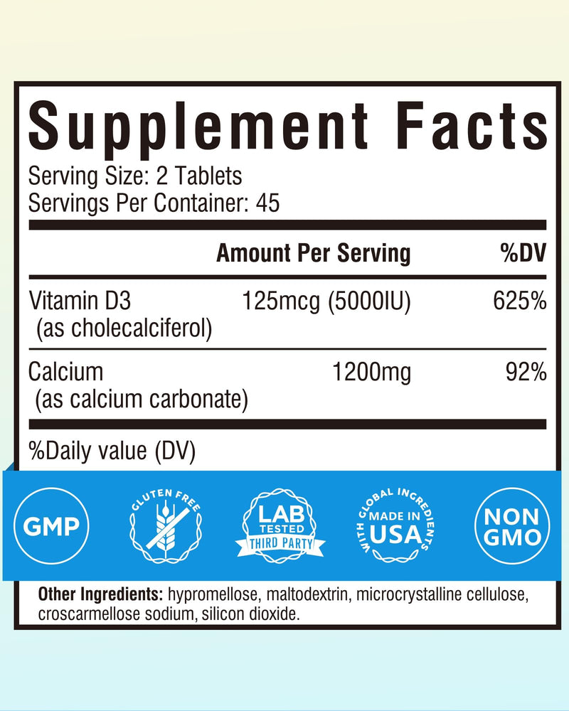 Terranics Calcium 1200 mg with Vitamin D3, High Absorption Calcium Supplement for Women and Men, Supports Bone, Teeth & Immune Health, Easy-to-Swallow Coated Tablets, 90 Count 90 Count (Pack of 1)