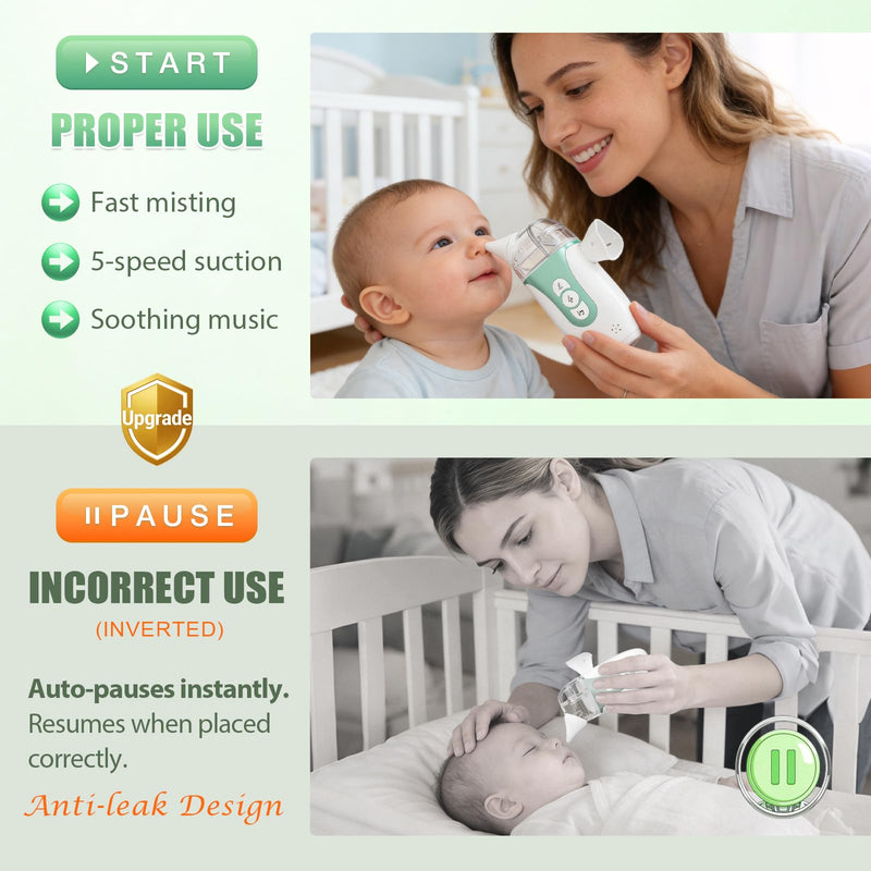 Smart Baby Nasal Aspirator, 2-in-1 Electric Nose Sucker for Toddlers with Spray, 5-Level Suction, Soothing Music, 2 Silicone Tips, USB-C Charge, Storage Case | Nasal Aspirator for Baby (Olive Green) - BeesActive Australia