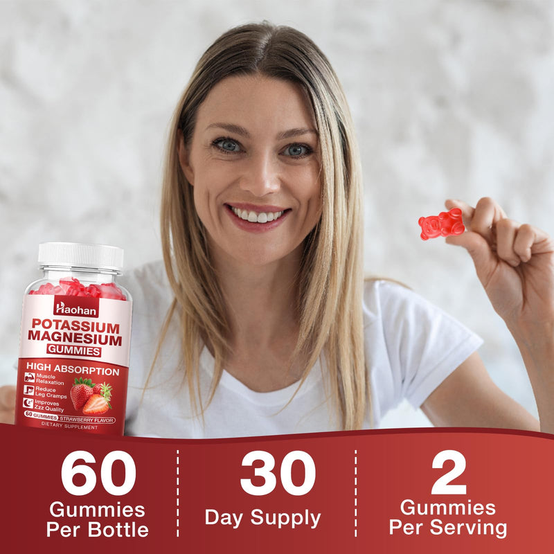 Potassium Magnesium Gummies with Electrolytes & Vitamins - Magnesium Glycinate, Potassium Citrate, Calcium, Vitamins B6, D3 & K2 for Muscle Function & Recovery - Vegan, Strawberry, 120 Count