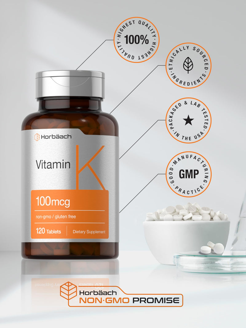 Horbäach Vitamin K Supplement | 100mcg | 120 Tablets | Vegetarian, Non-GMO & Gluten Free Supplement - BeesActive Australia