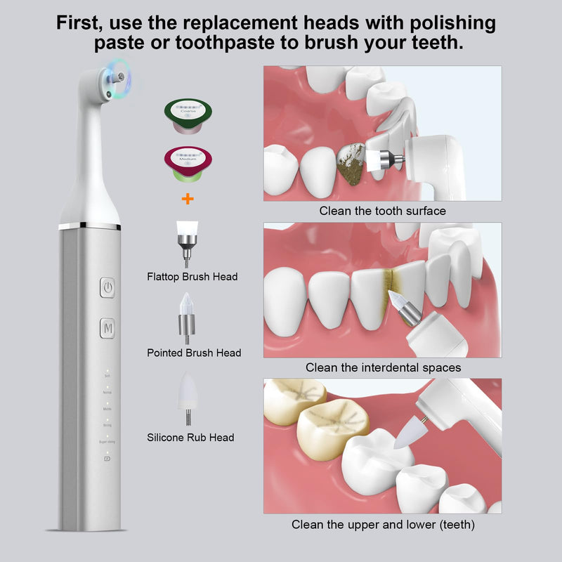 Tooth Polisher and Plaque Remover, Teeth Cleaning Tools for Cleaning and Polishing of Tooth, Dental Cleaning Tools for Brighten and Polish Teeth with 5 Brush Heads, 4 Speed Modes and 3 Polish Pastes Silver-white - BeesActive Australia