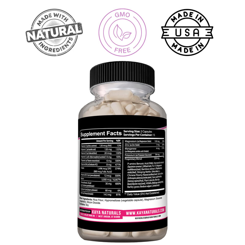 Kaya Naturals Hair Skin Nail Capsules, 30 Count | Biotin, Vitamin D, Vitamin B-12, Vitamin A, Folic Acid 30 Count (Pack of 1)