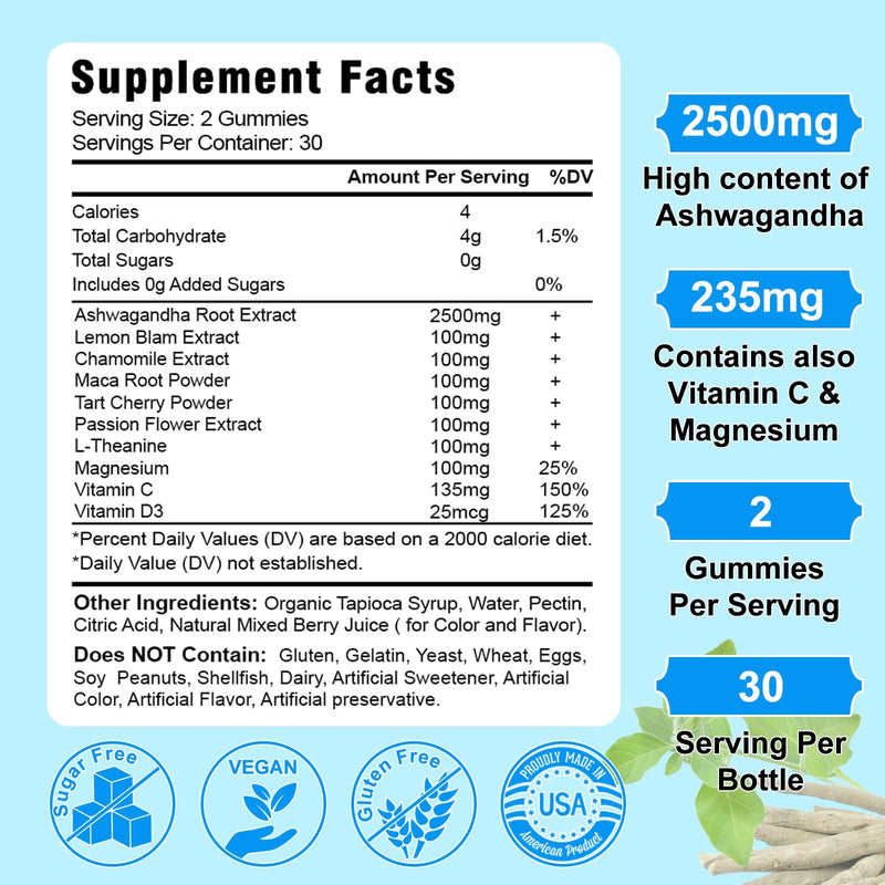2 Pack Ashwagandha Gummies for Women Men, Sugar Free Organic Ashwagandha Gummies Supplement for Relax Restore Balance, Vegan Gluten Free, 120 Count 60 Count (Pack of 2)